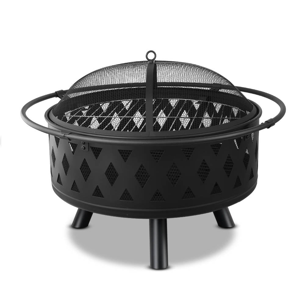 Grillz 2-in-1 Fire Pit BBQ Charcoal Grill Ring with fire pit tray, log grate, and stainless steel grill plate in a backyard setting.