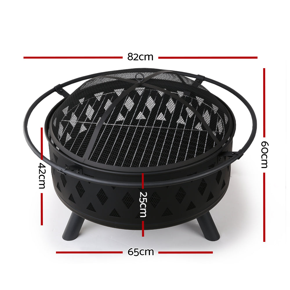 Grillz 2-in-1 Fire Pit BBQ Charcoal Grill Ring with fire pit tray, log grate, and stainless steel grill plate in a backyard setting.