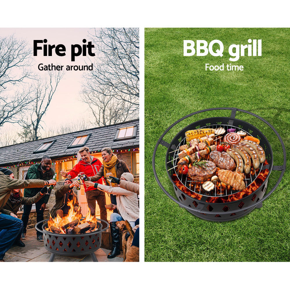 Grillz 2-in-1 Fire Pit BBQ Charcoal Grill Ring with fire pit tray, log grate, and stainless steel grill plate in a backyard setting.