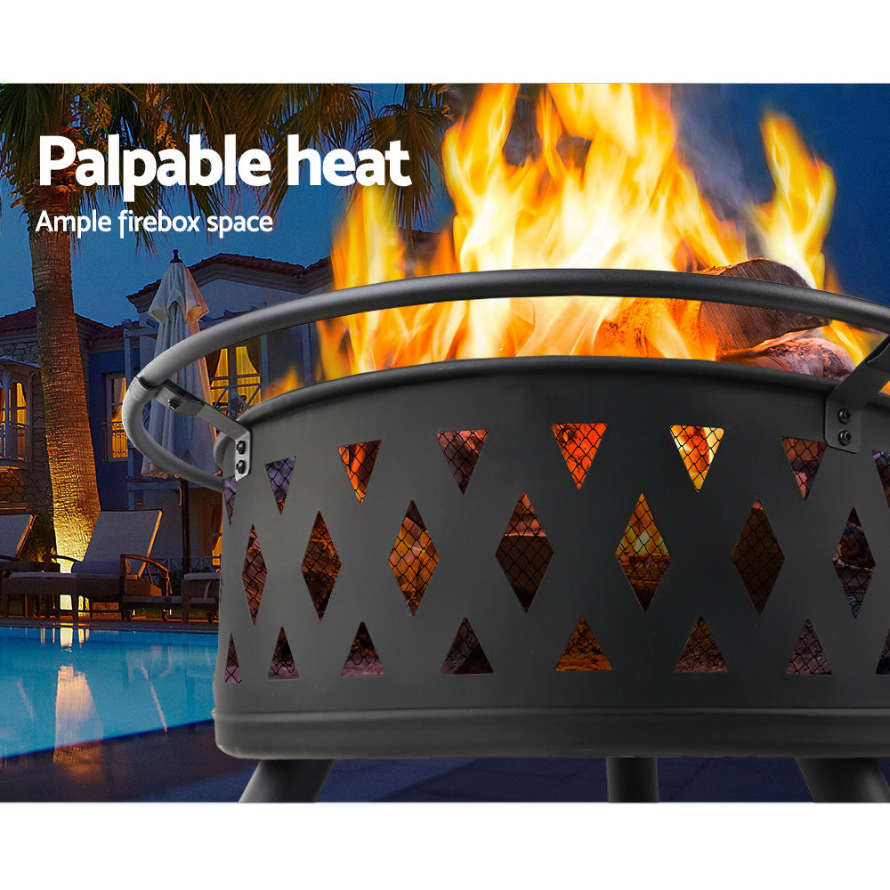 Grillz 2-in-1 Fire Pit BBQ Charcoal Grill Ring with fire pit tray, log grate, and stainless steel grill plate in a backyard setting.