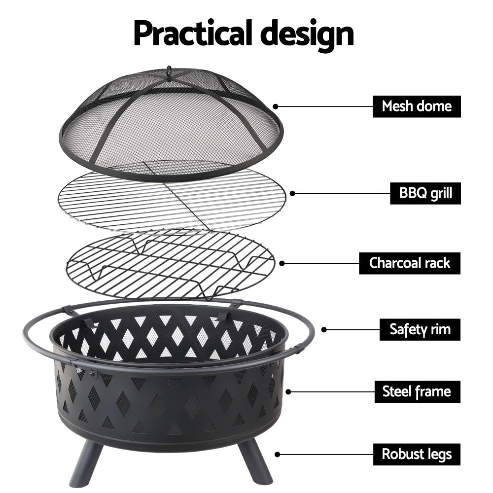 Grillz 2-in-1 Fire Pit BBQ Charcoal Grill Ring with fire pit tray, log grate, and stainless steel grill plate in a backyard setting.