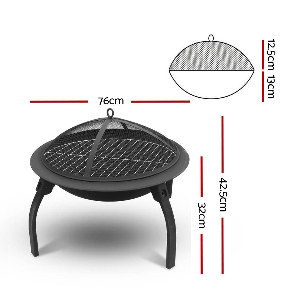 A 30-inch portable outdoor fire pit BBQ with a sturdy steel frame, foldable design, and included grill plate, perfect for camping and garden use.