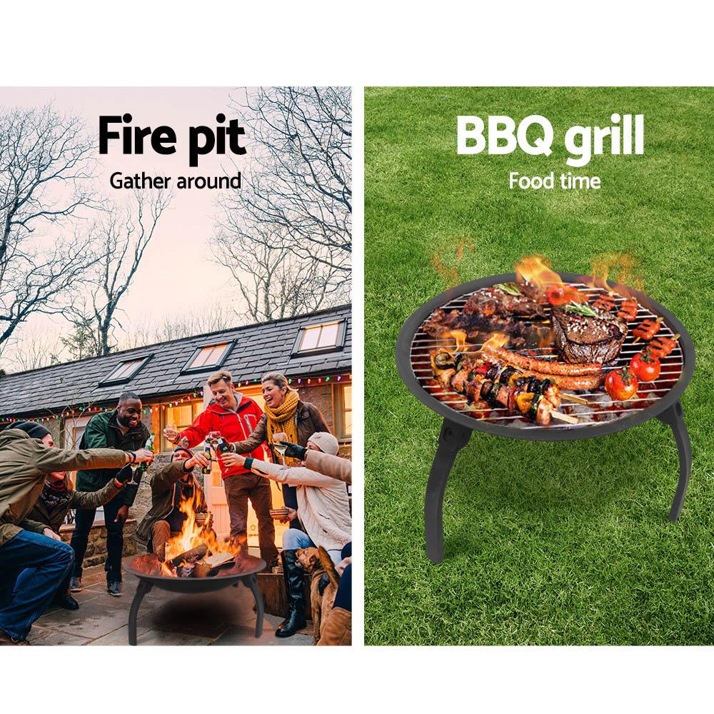 A 30-inch portable outdoor fire pit BBQ with a sturdy steel frame, foldable design, and included grill plate, perfect for camping and garden use.