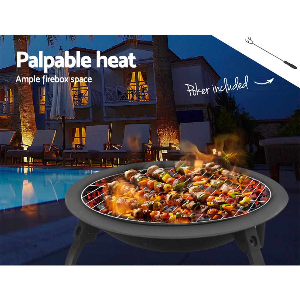 A 30-inch portable outdoor fire pit BBQ with a sturdy steel frame, foldable design, and included grill plate, perfect for camping and garden use.