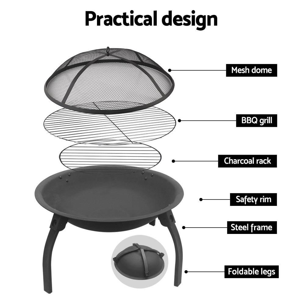 A 30-inch portable outdoor fire pit BBQ with a sturdy steel frame, foldable design, and included grill plate, perfect for camping and garden use.