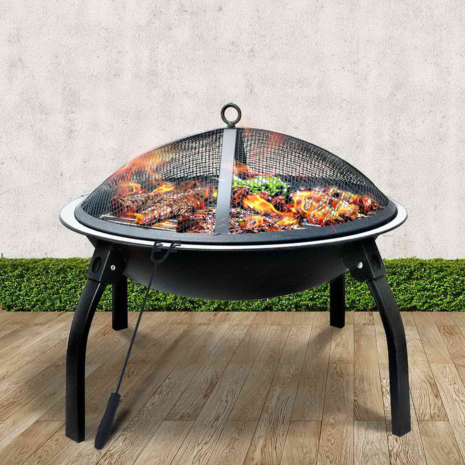 A 30-inch portable outdoor fire pit BBQ with a sturdy steel frame, foldable design, and included grill plate, perfect for camping and garden use.