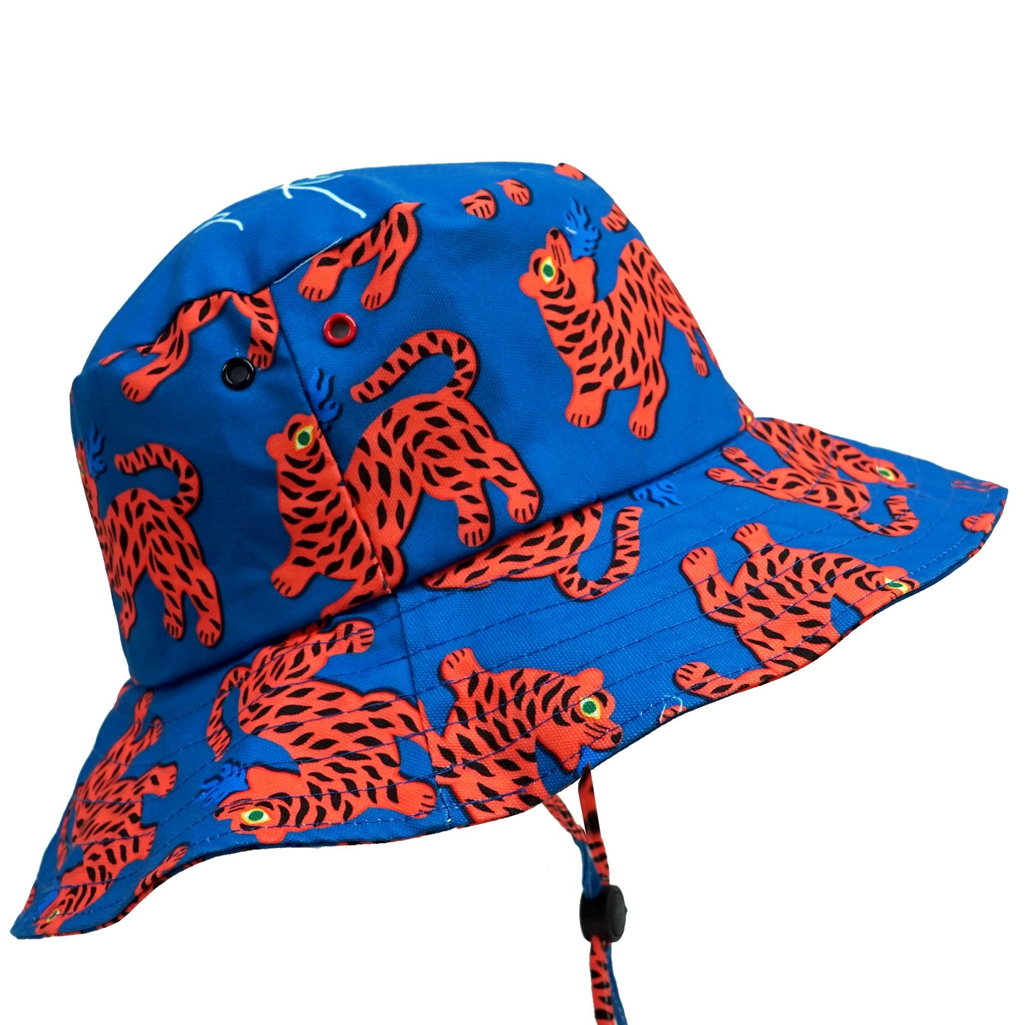 Fire Red Tiger Blue Wide Bucket Hat showcasing vibrant tiger print on a cotton canvas material, perfect for summer outings.