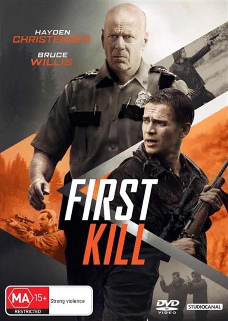 First Kill DVD cover featuring a tense father-son moment amidst a dramatic backdrop of crime and suspense.