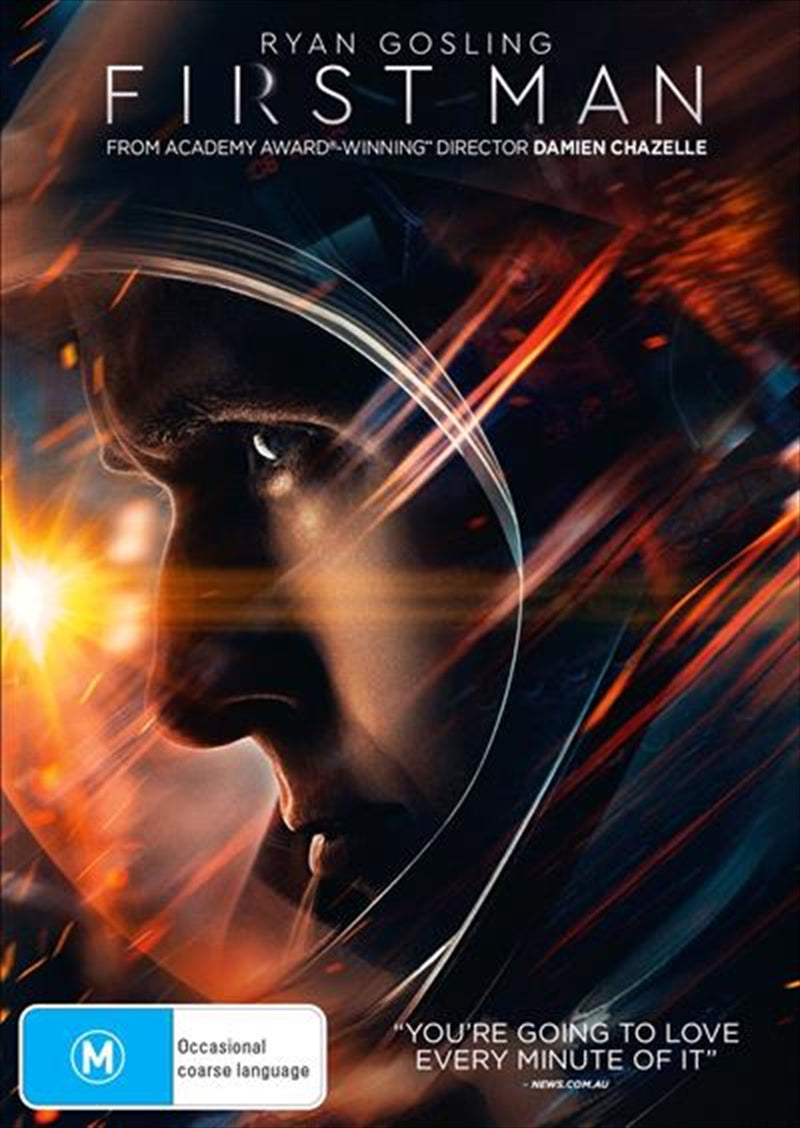 First Man DVD cover featuring Neil Armstrong and the Apollo 11 mission.