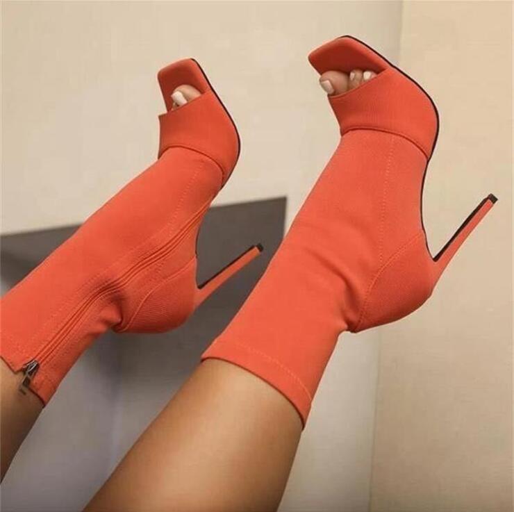 Stylish Fish Mouth women's ankle boots in red and khaki with peep toe and stiletto heel, perfect for autumn fashion.