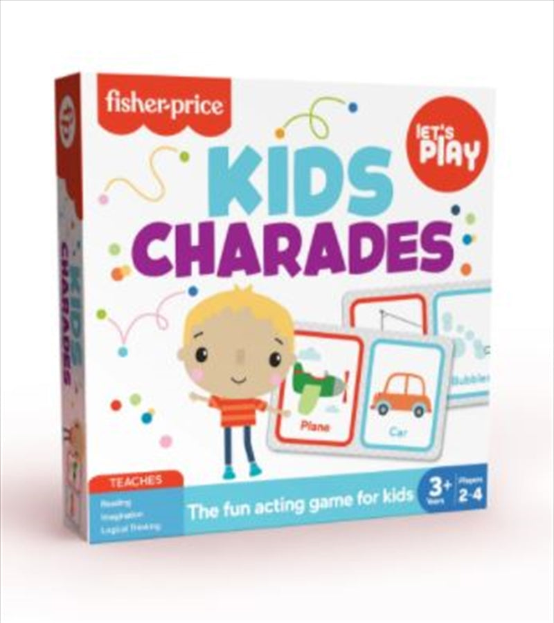 Fisher Price Kids Charades game set with colorful gameboard, charades cards, and mover tops.