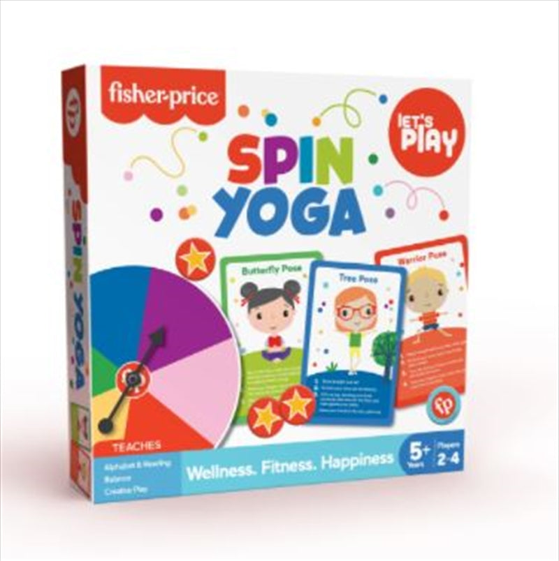 Fisher Price Spin Yoga game set featuring a colorful spinner, yoga cards, and tokens for kids.