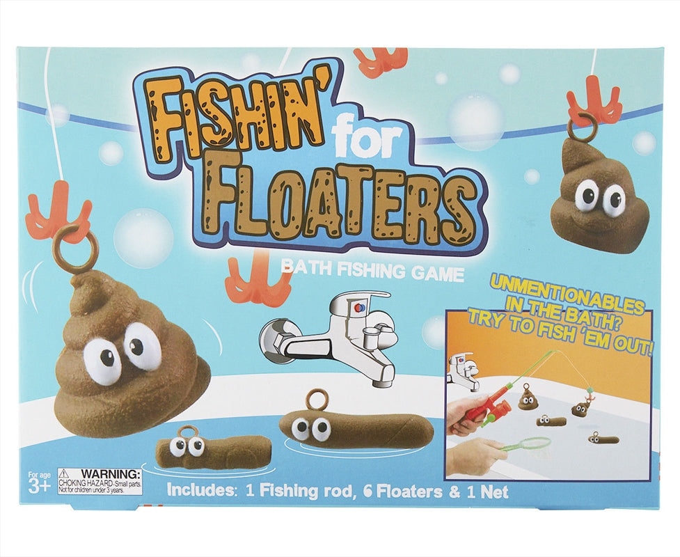 A colorful Fishing for Floaters Bath Fishing Game set featuring a fishing rod, net, and six floating toys in a bathtub.