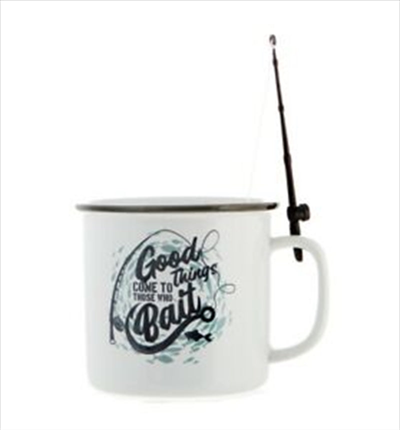 Ceramic fishing mug with a miniature fishing rod accessory for dunking tea bags and treats.