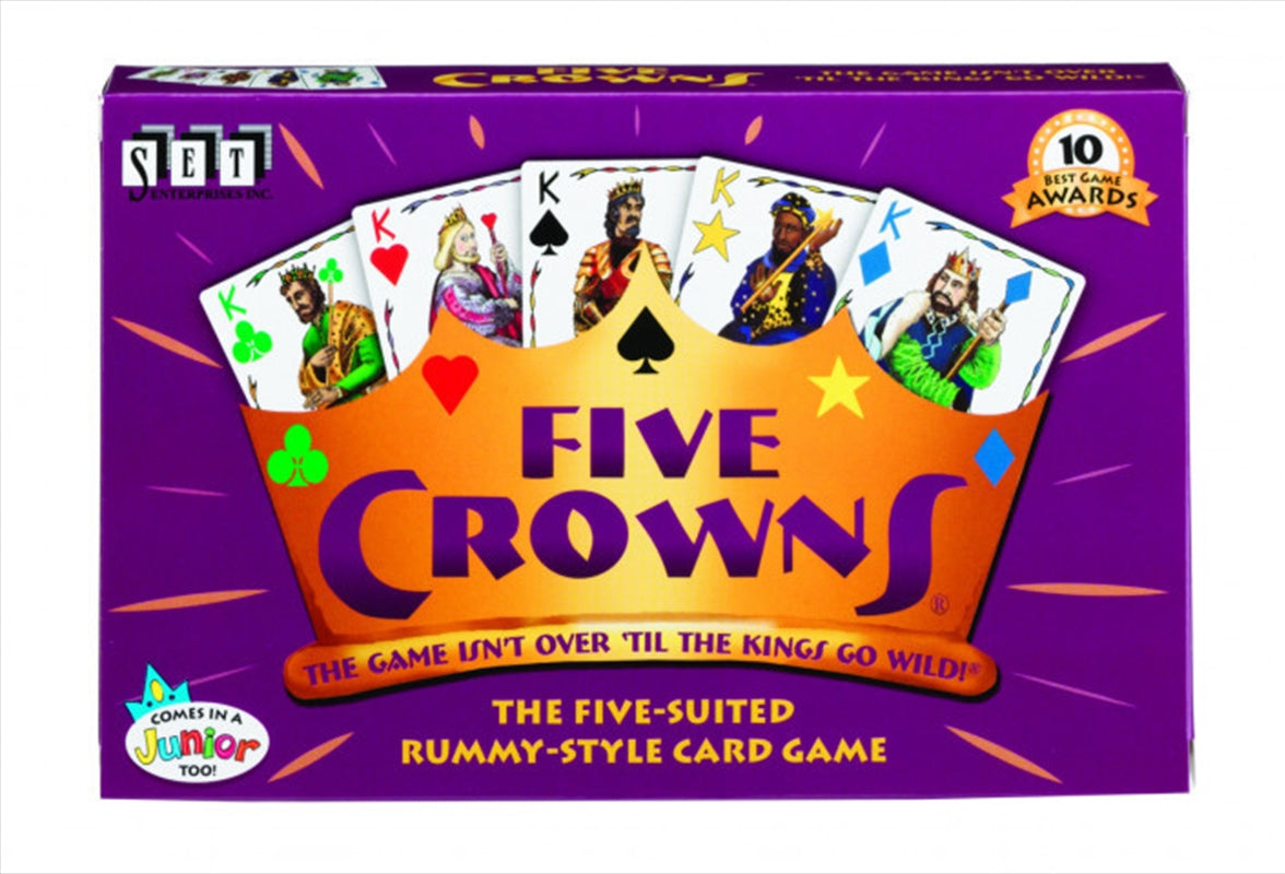 Five Crowns card game featuring a five-suited deck and colorful cards, perfect for family game nights.