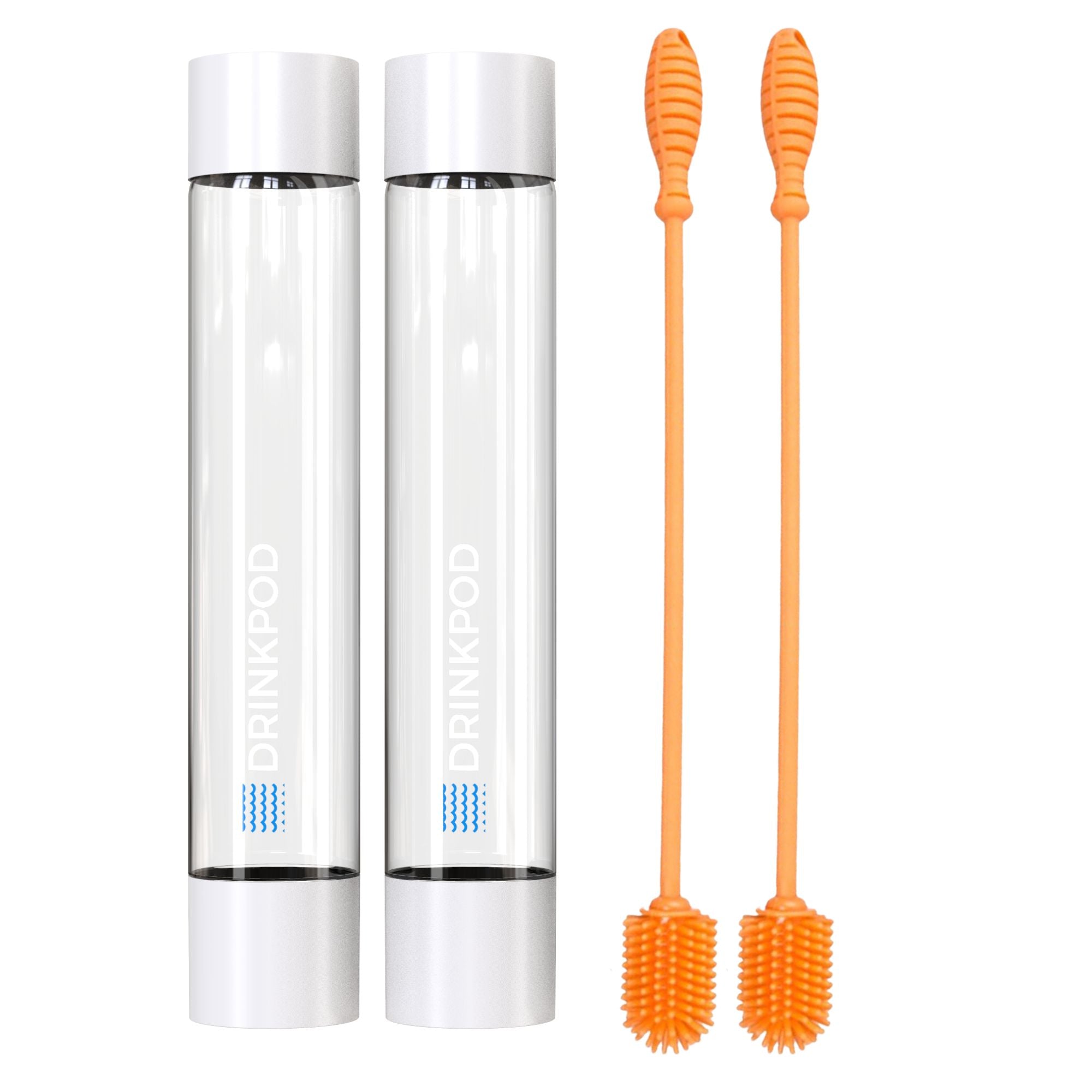 Two Fizzpod Bottles in vibrant colors with a silicone cleaning brush, showcasing their sleek design and functionality.