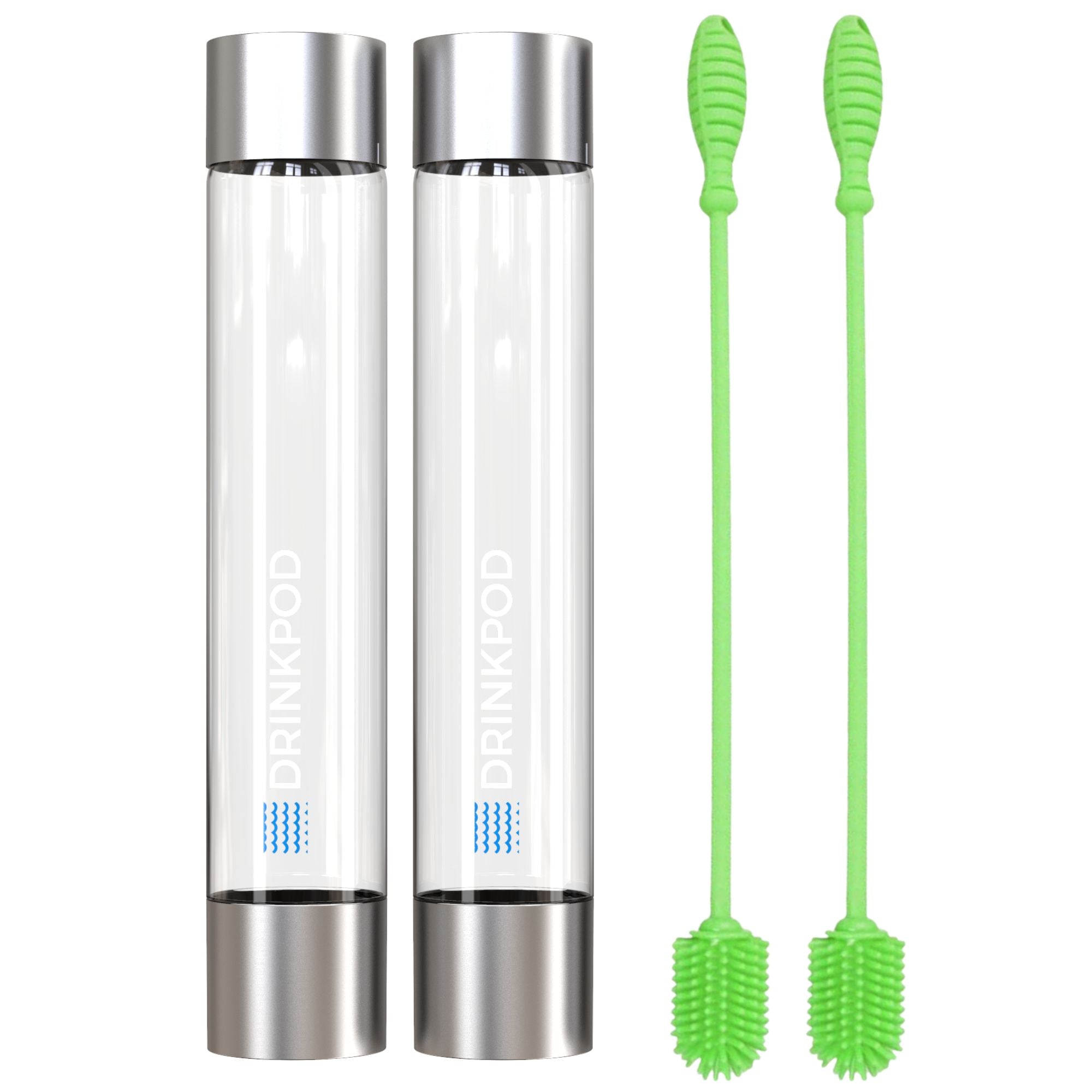 Two Fizzpod Bottles in vibrant colors with a silicone cleaning brush, showcasing their sleek design and functionality.