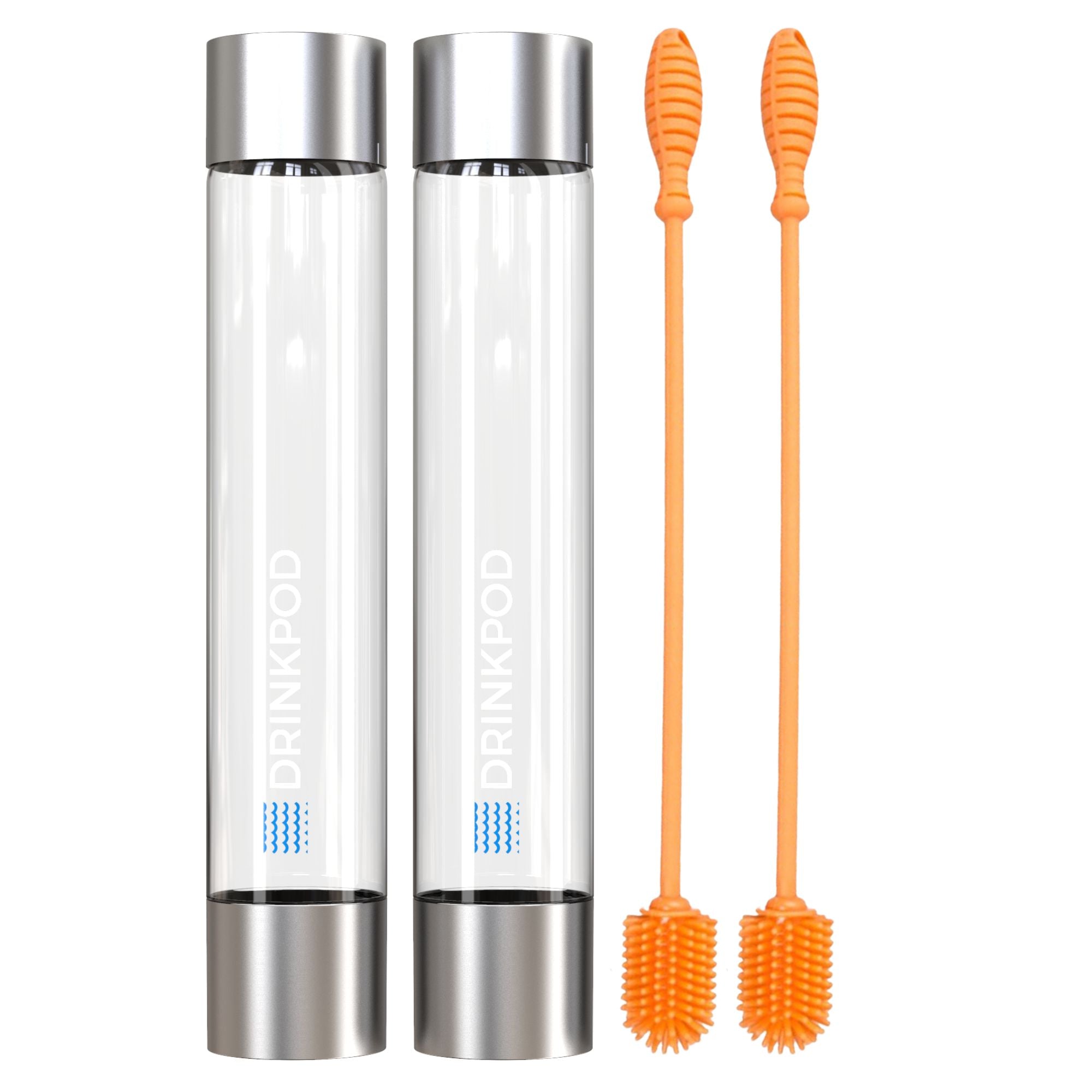 Two Fizzpod Bottles in vibrant colors with a silicone cleaning brush, showcasing their sleek design and functionality.