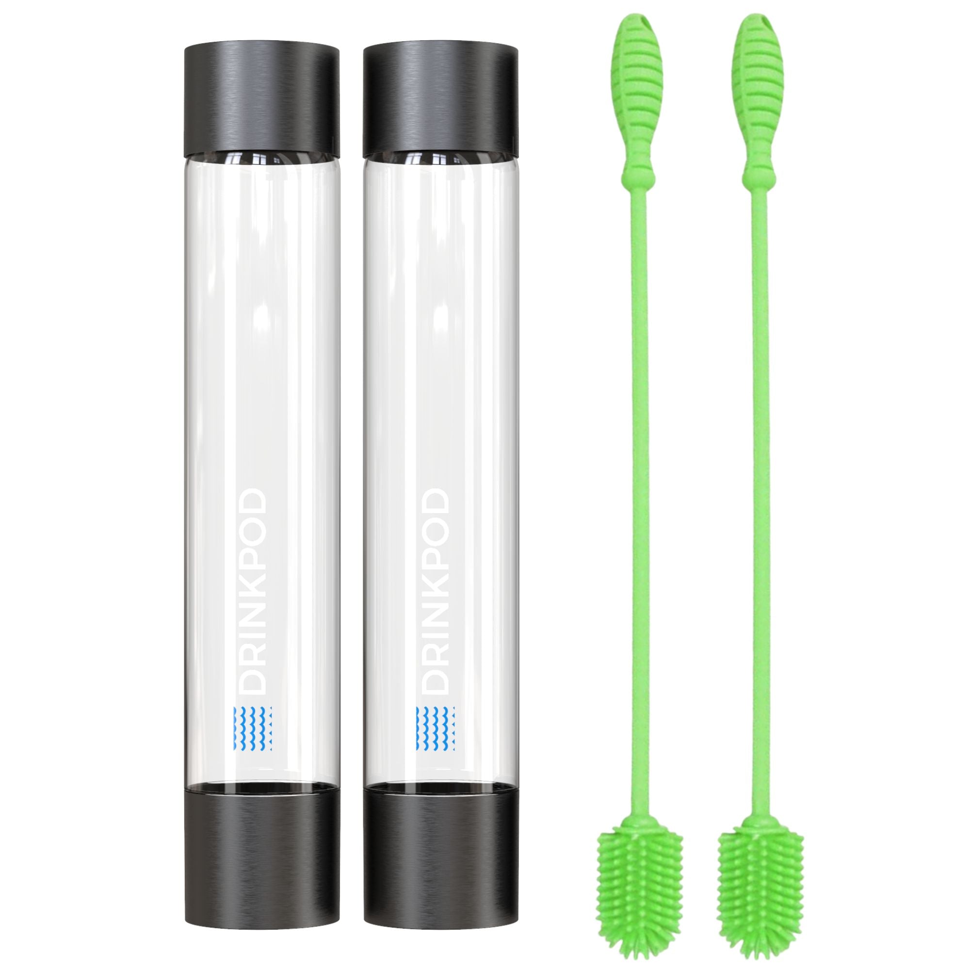 Two Fizzpod Bottles in vibrant colors with a silicone cleaning brush, showcasing their sleek design and functionality.