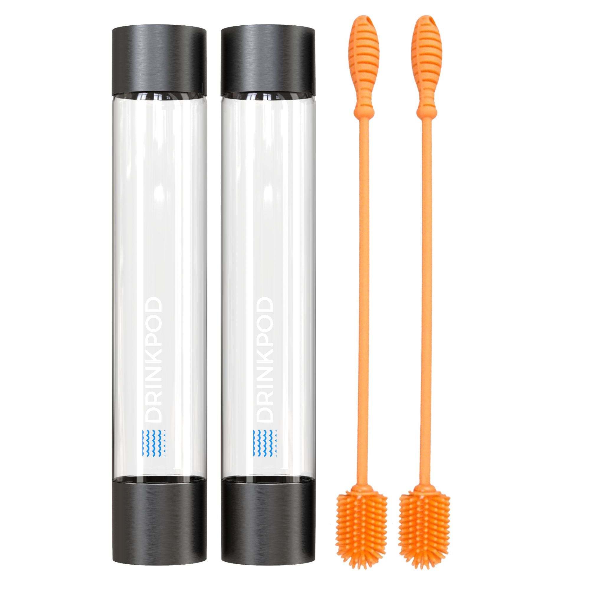 Two Fizzpod Bottles in vibrant colors with a silicone cleaning brush, showcasing their sleek design and functionality.