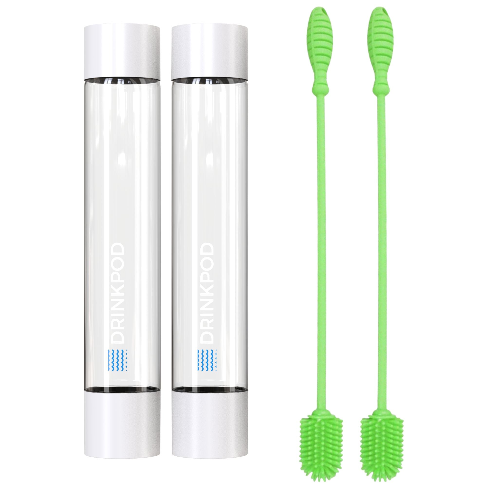 Two Fizzpod Bottles in vibrant colors with a silicone cleaning brush, showcasing their sleek design and functionality.