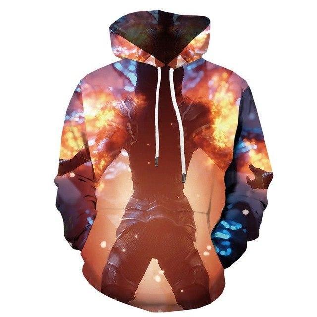 Colorful Flame Character Metal Military 3D Printed Hoodie for men, featuring a vibrant anime-inspired design and comfortable fit.