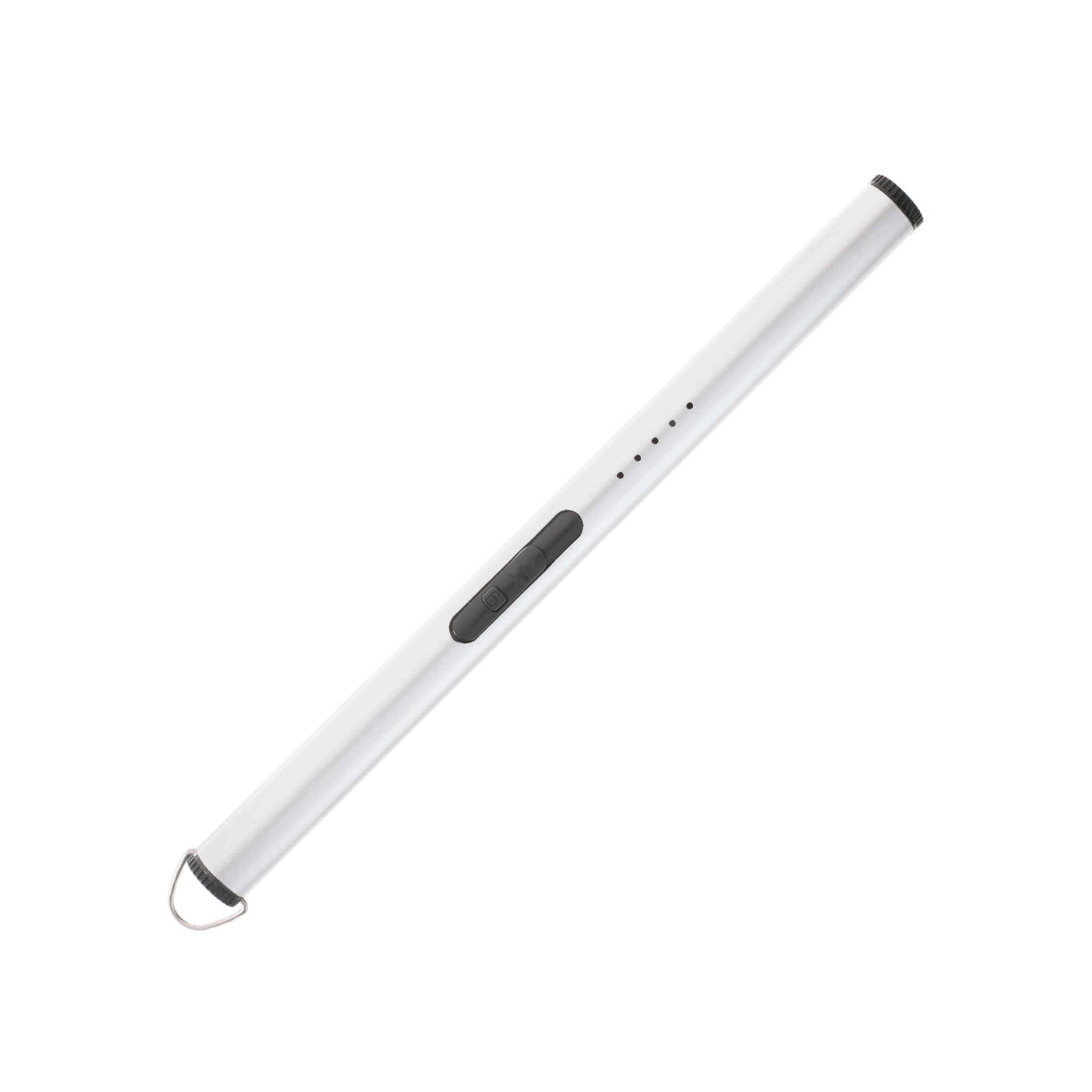 Flameless Cylinder Lighter in sleek silver design, measuring 8.75 inches, ideal for lighting candles and outdoor use.