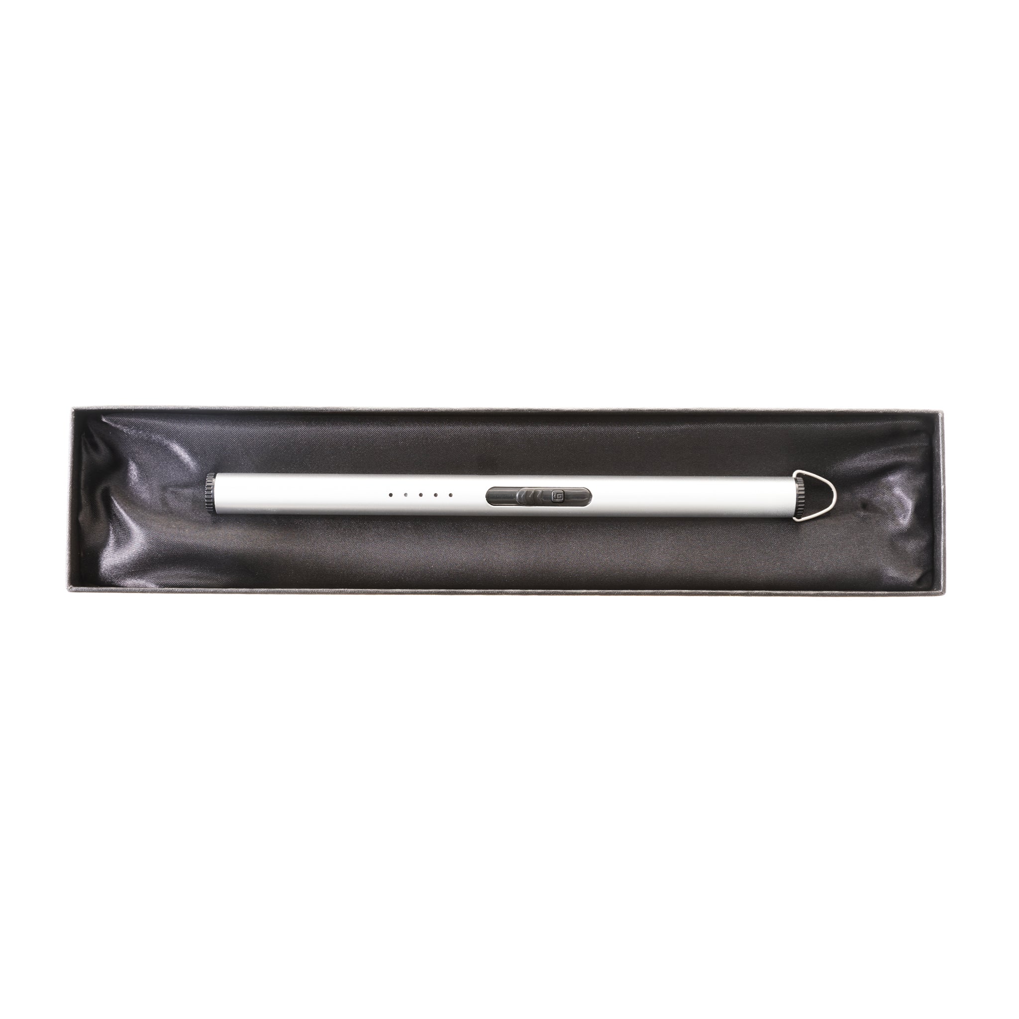 Flameless Cylinder Lighter in sleek silver design, measuring 8.75 inches, ideal for lighting candles and outdoor use.