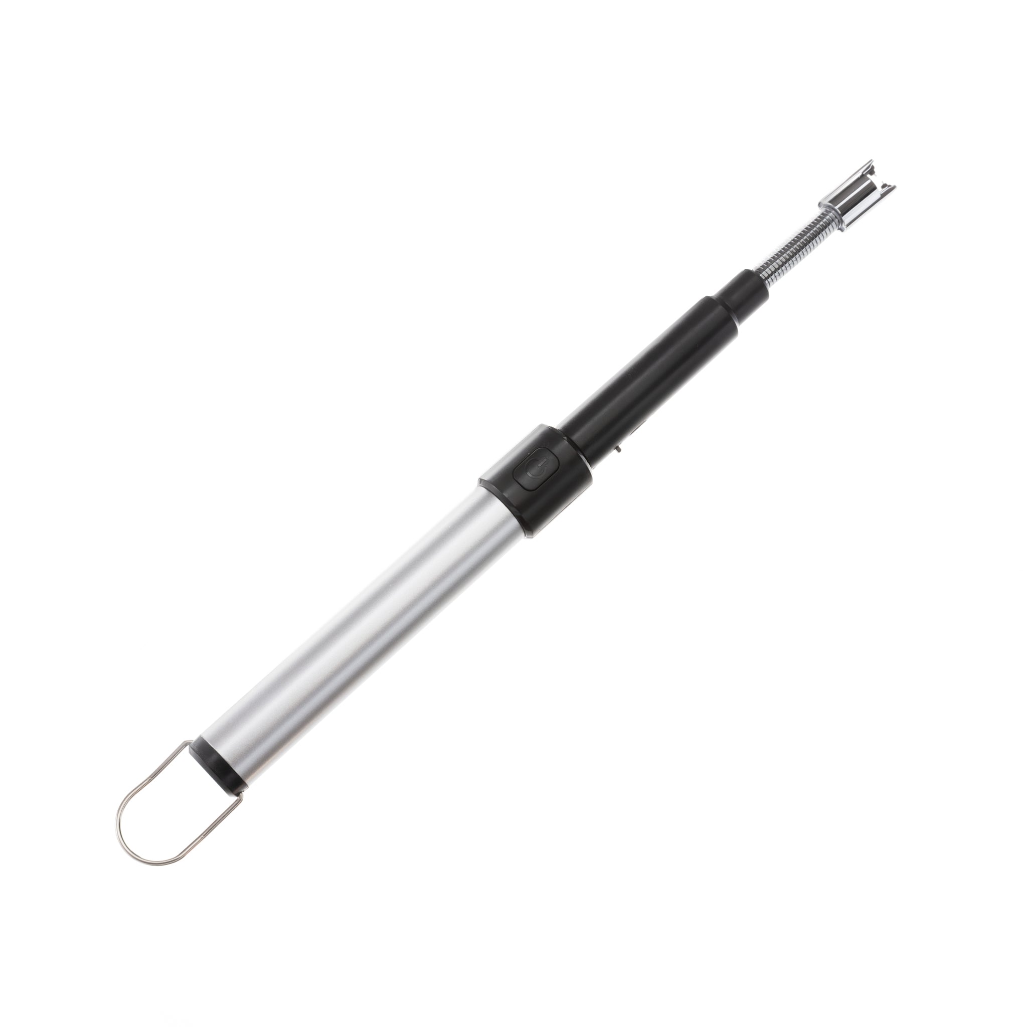 Flameless Extendable Lighter in silver color with a telescopic rod and flexible neck, ideal for various lighting needs.