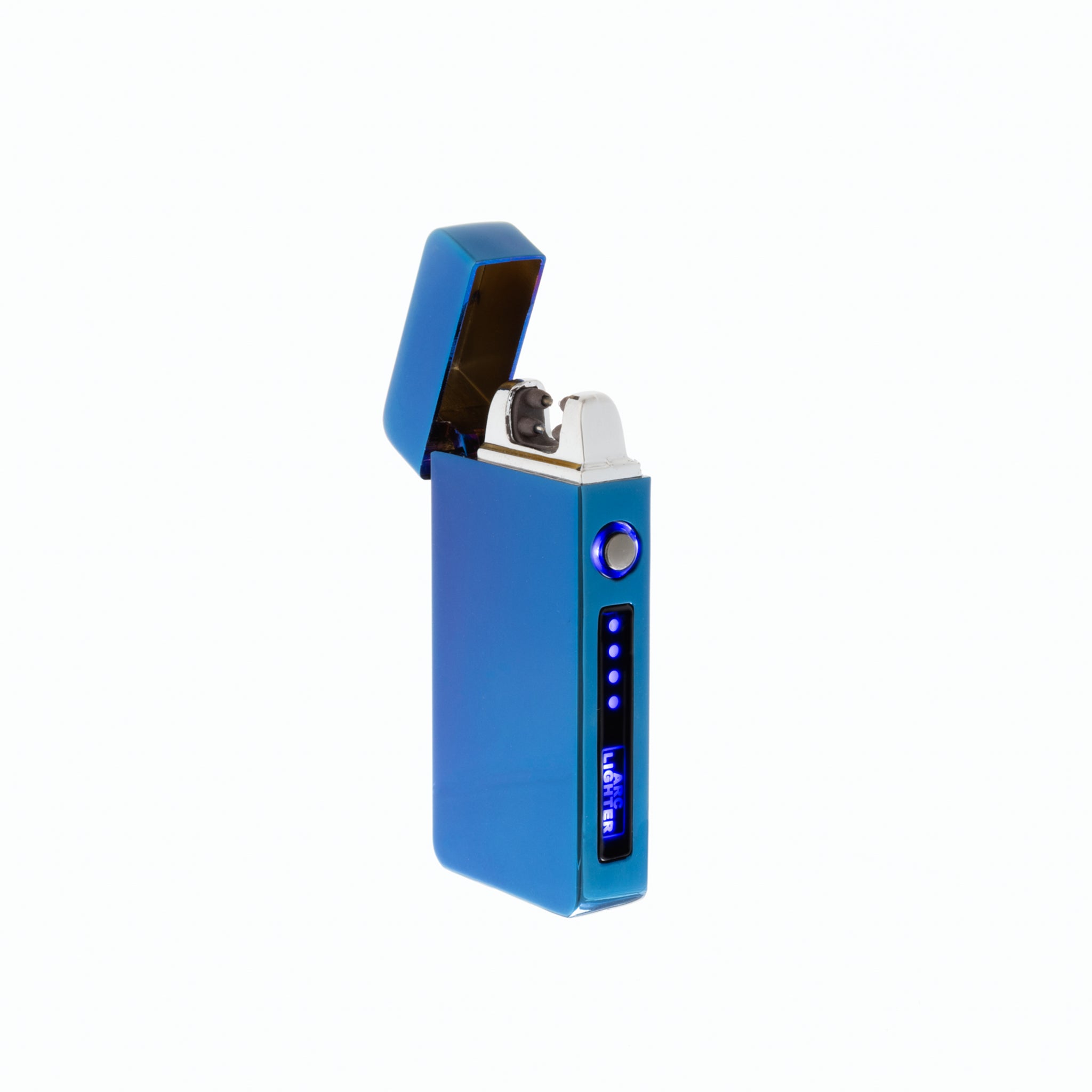 Flameless Flip Top Lighter in electric blue, showcasing its sleek design and dual arc technology.