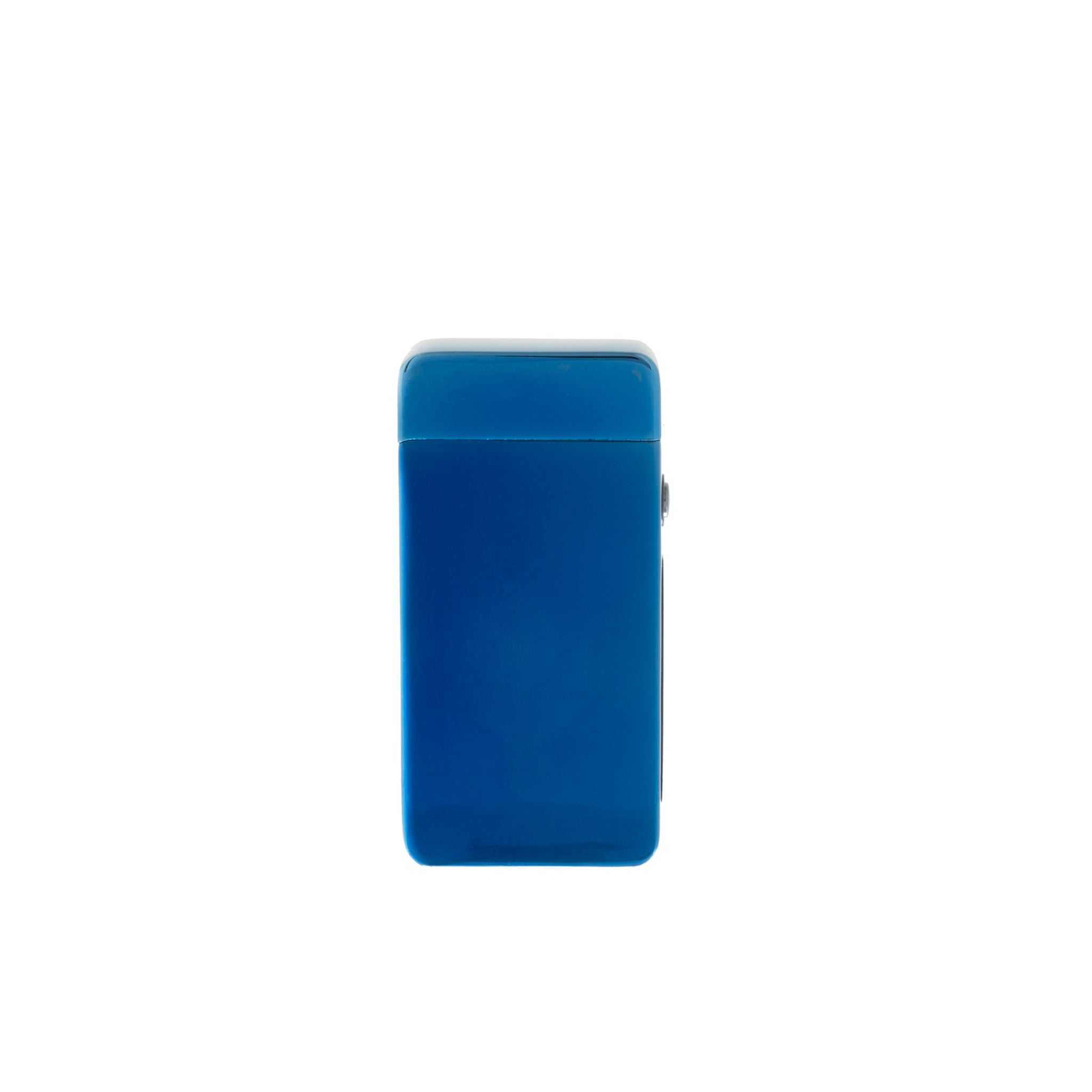 Flameless Flip Top Lighter in electric blue, showcasing its sleek design and dual arc technology.