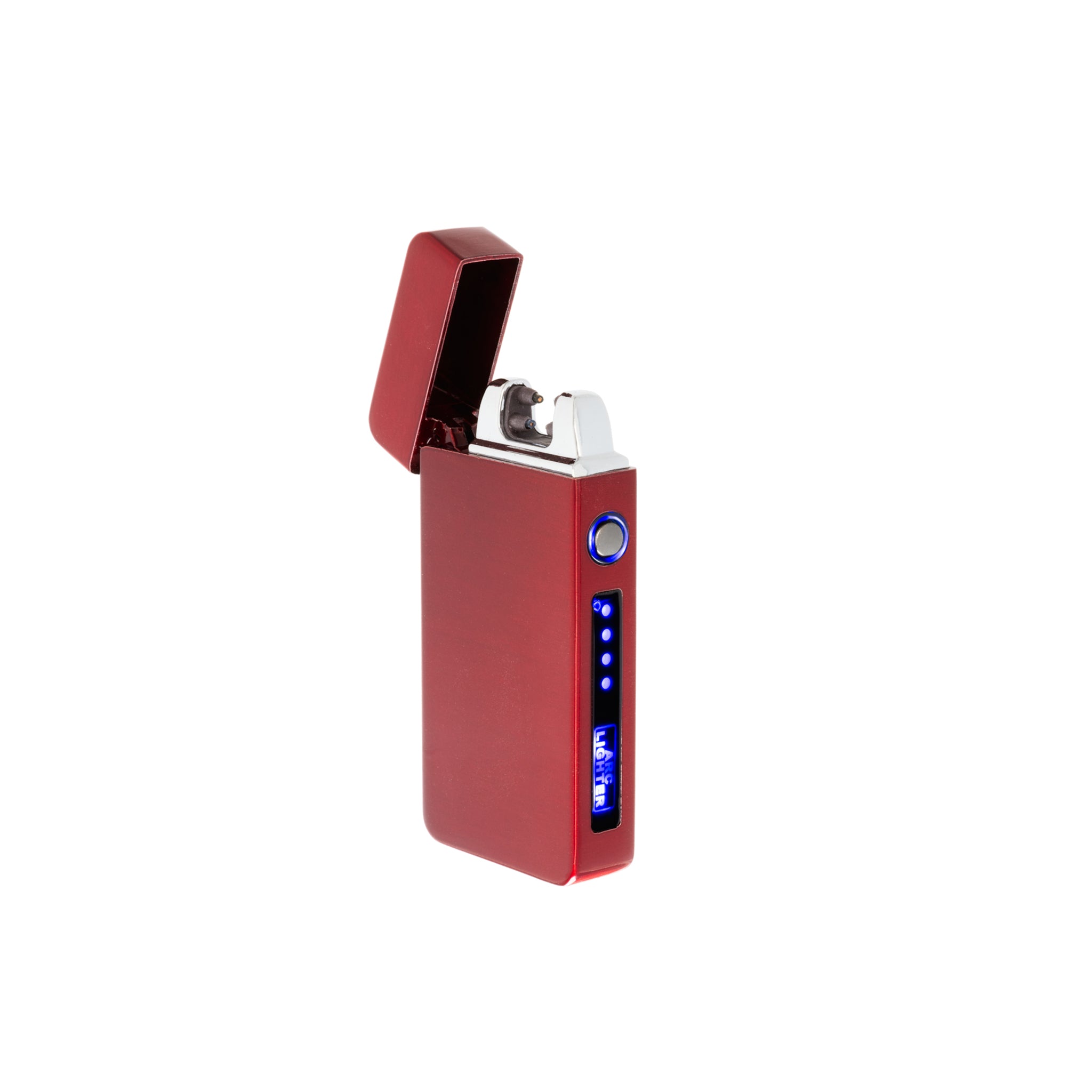 Flameless Flip Top Lighter in Red Satin, showcasing its sleek design and dual arc technology.