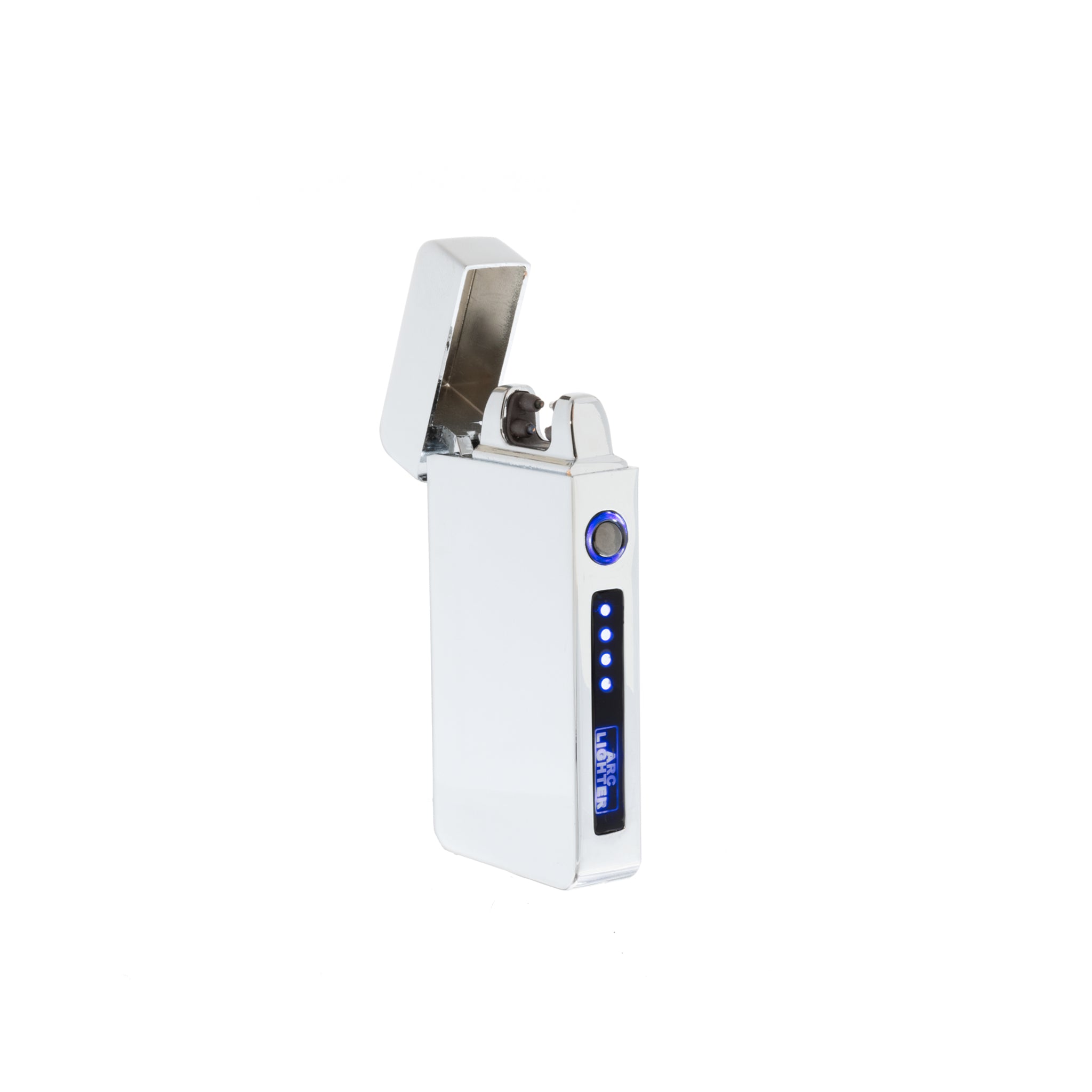 Sleek silver flameless flip top lighter with dual arc technology, compact design, and USB rechargeable feature.