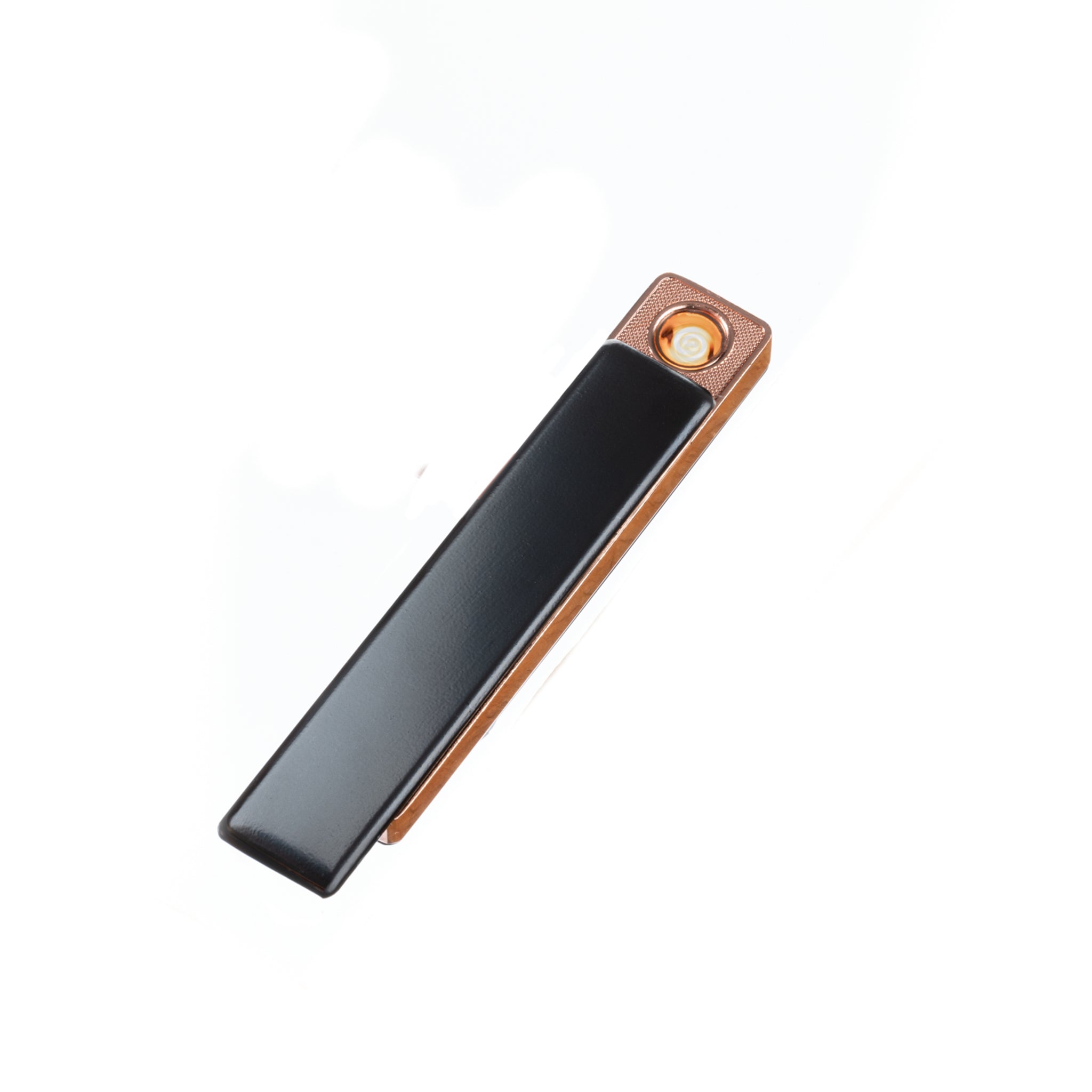 Flameless Rectangular Metal Trim Lighter in black with gold trim, compact design, and USB charging port.