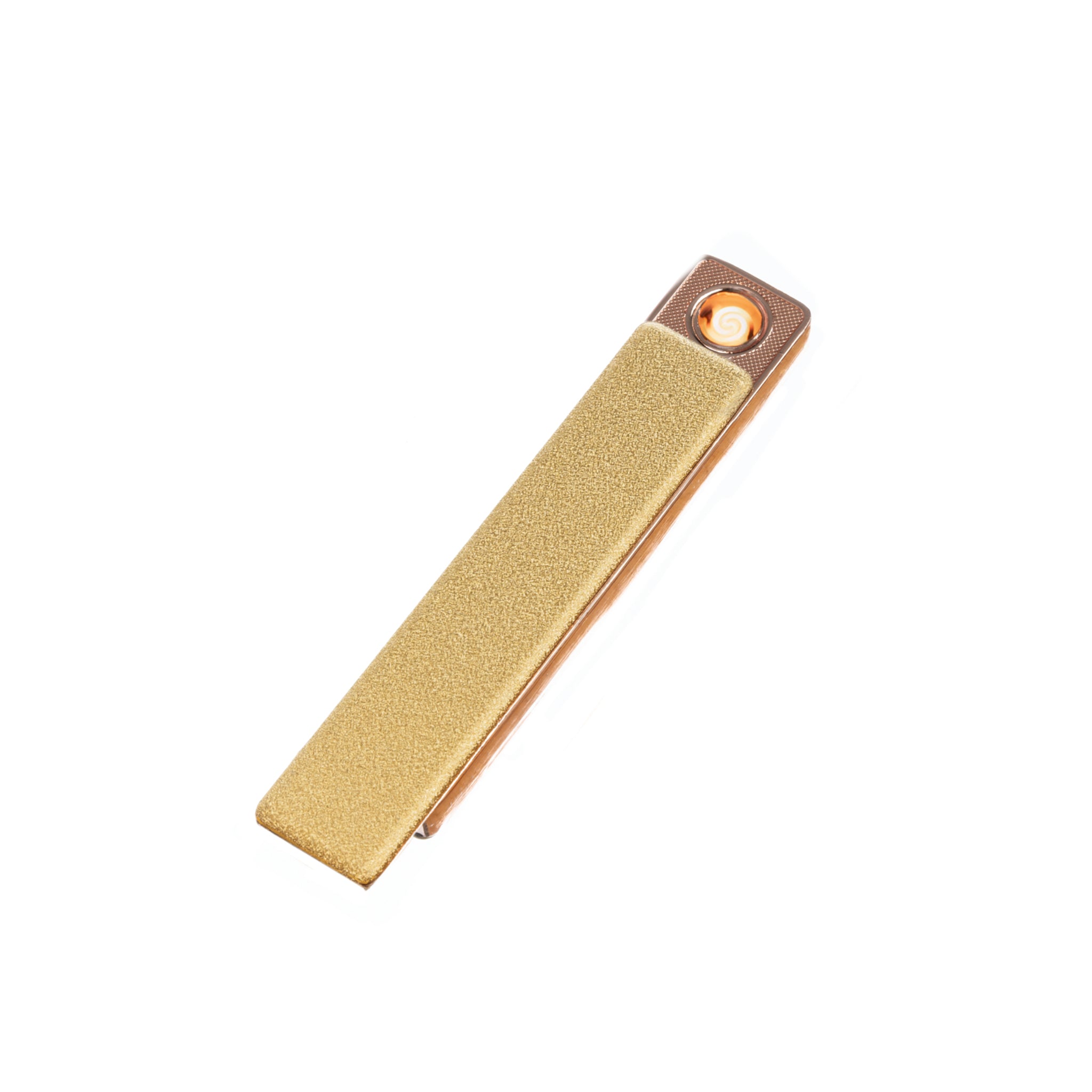 Flameless Rectangular Metal Trim Lighter in Gold with a sleek design and blue charging light.