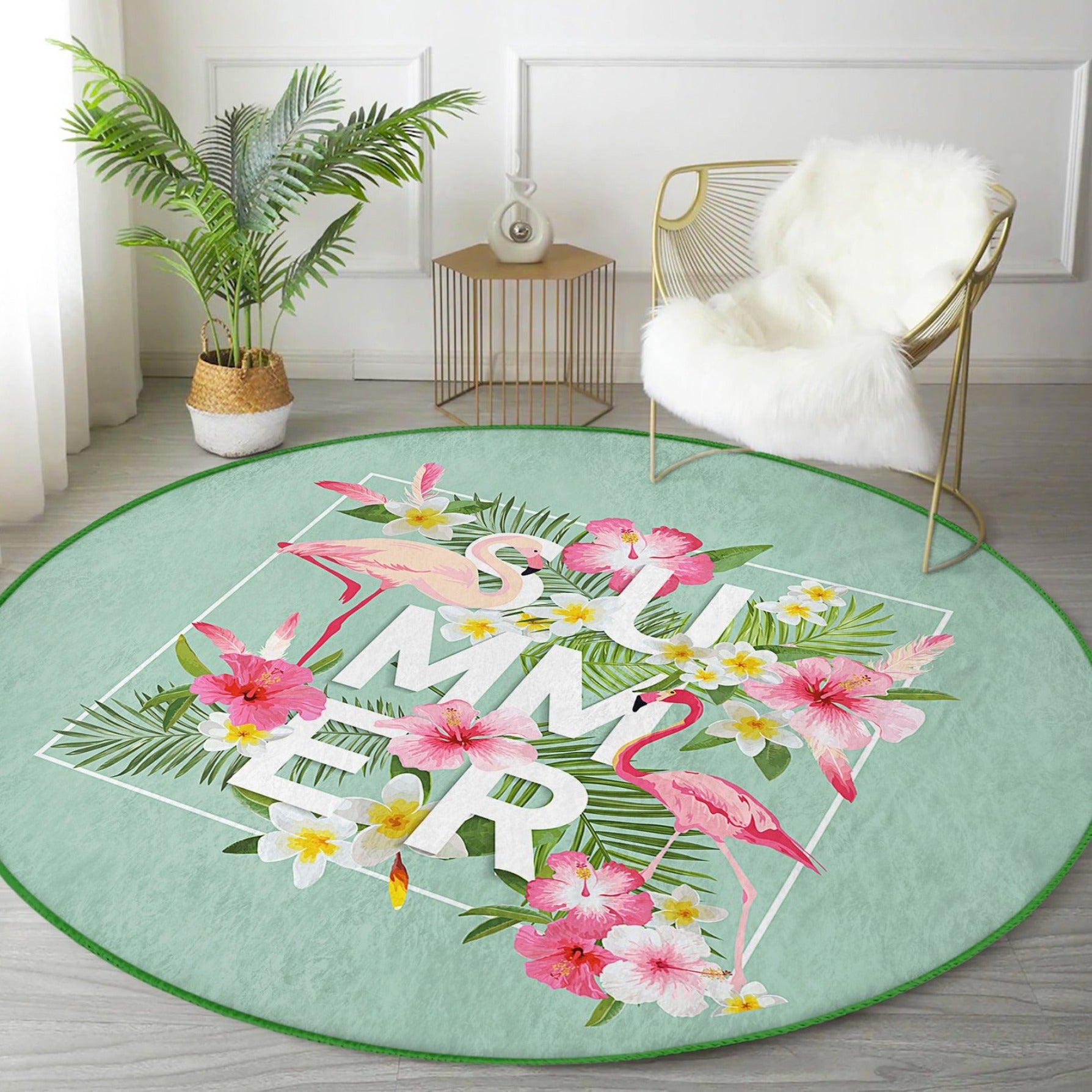 A vibrant round rug featuring a summer flamingo pattern, made from soft velvet fabric, perfect for living rooms and bedrooms.