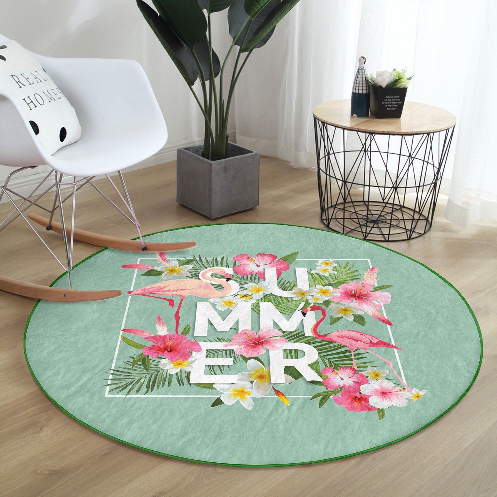 A vibrant round rug featuring a summer flamingo pattern, made from soft velvet fabric, perfect for living rooms and bedrooms.