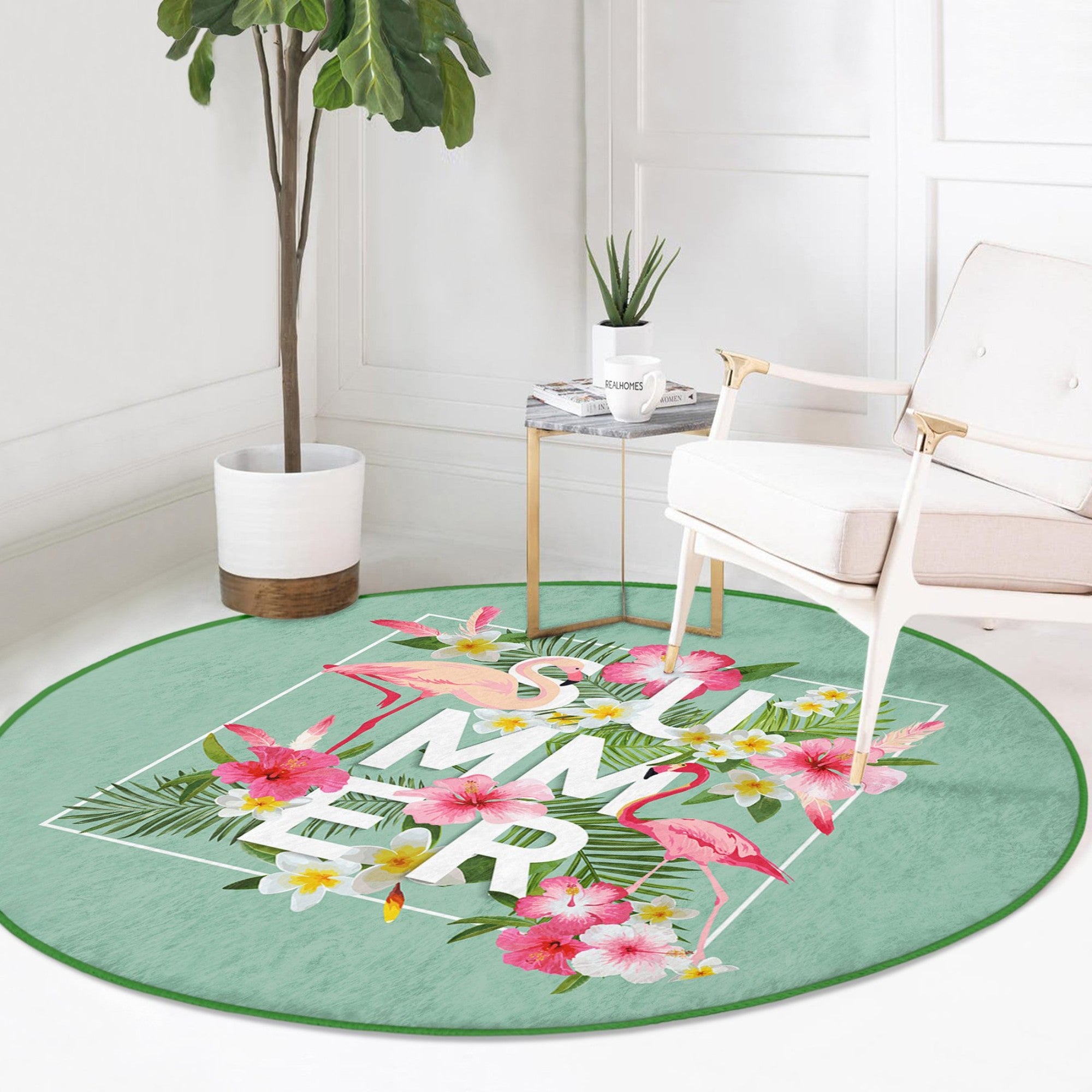 A vibrant round rug featuring a summer flamingo pattern, made from soft velvet fabric, perfect for living rooms and bedrooms.