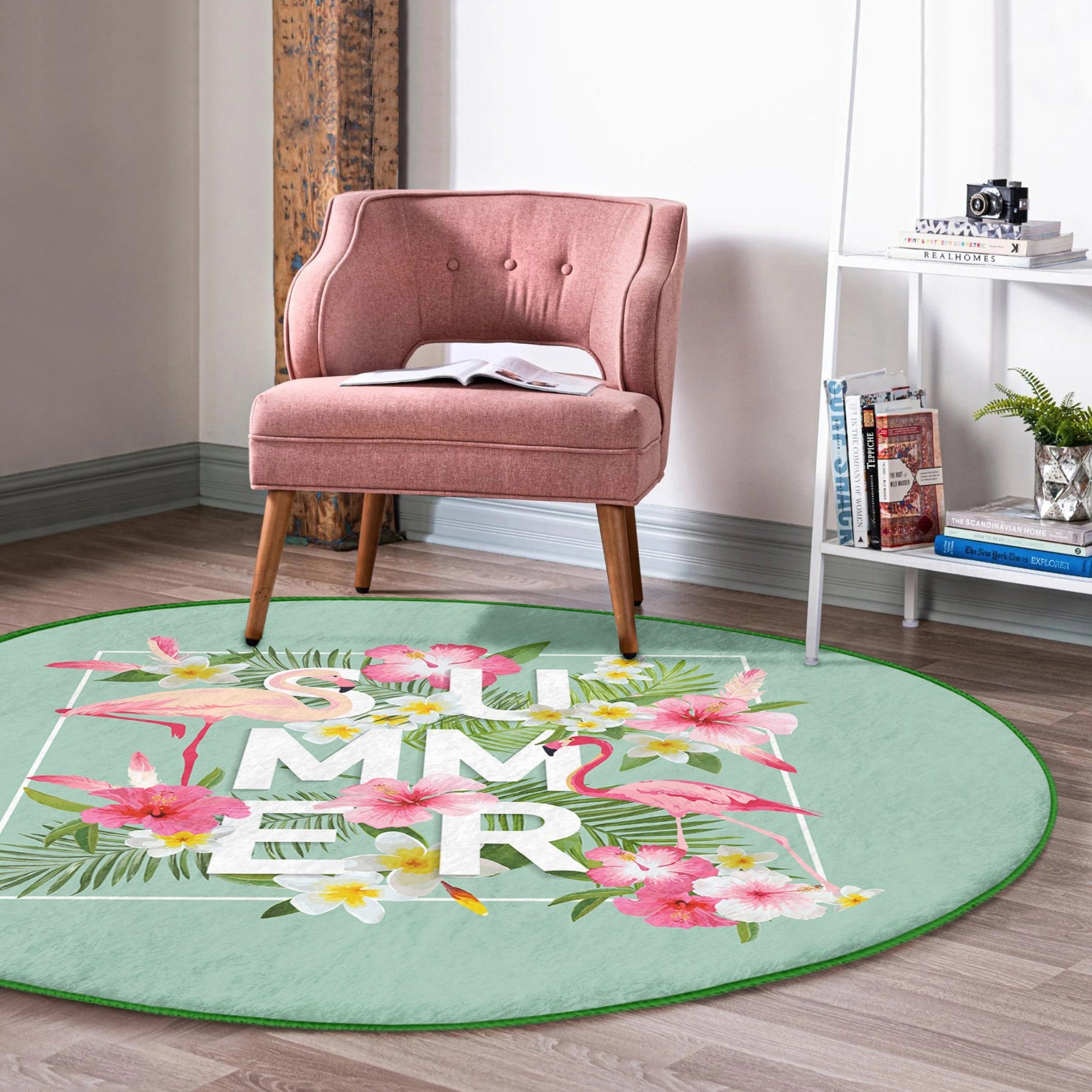 A vibrant round rug featuring a summer flamingo pattern, made from soft velvet fabric, perfect for living rooms and bedrooms.