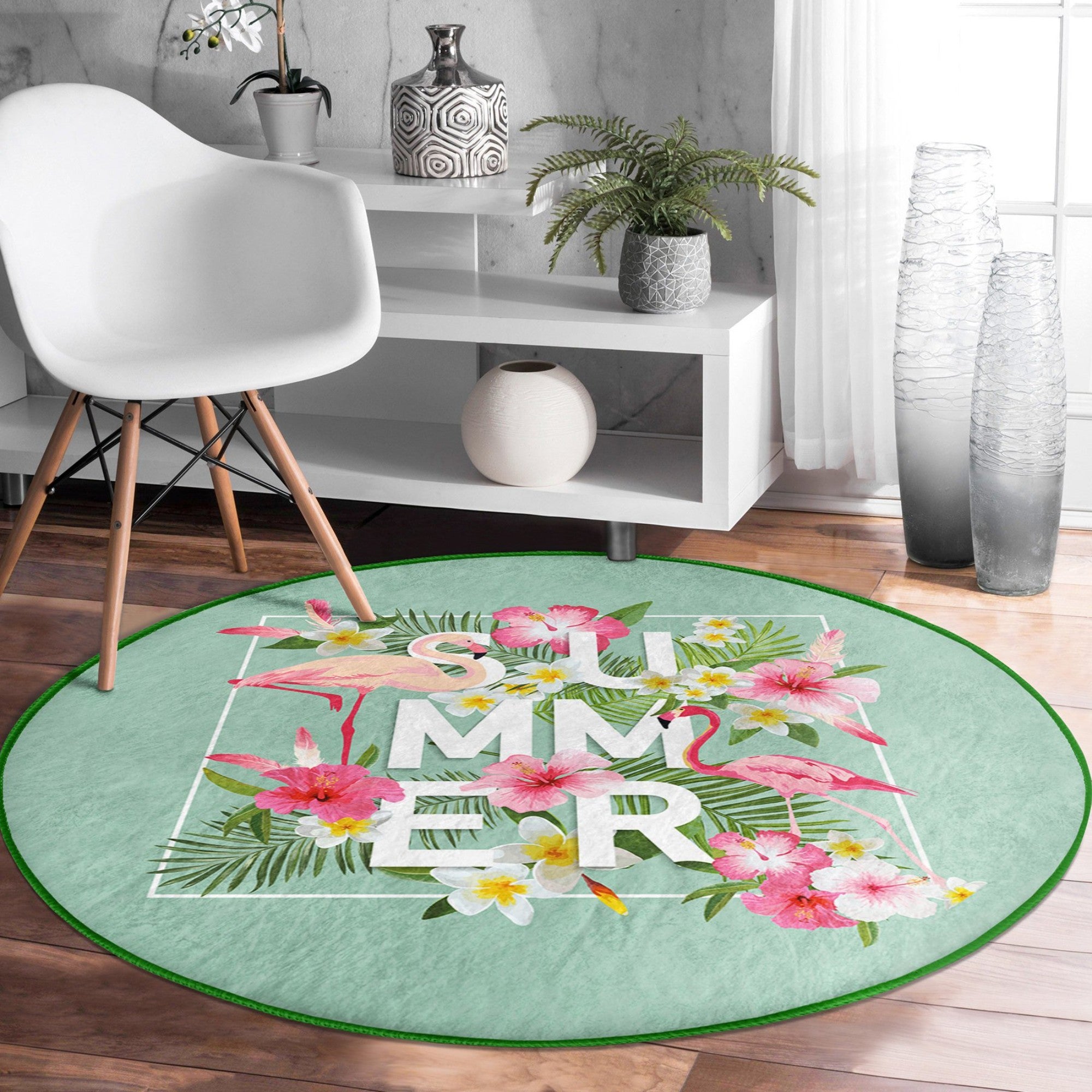 A vibrant round rug featuring a summer flamingo pattern, made from soft velvet fabric, perfect for living rooms and bedrooms.