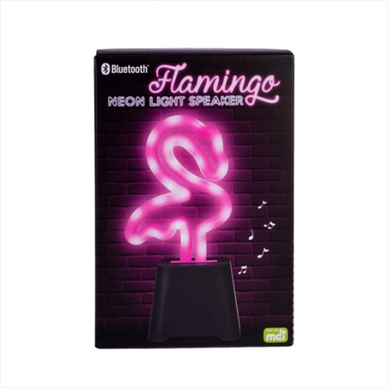 A stylish flamingo-shaped speaker glowing pink, showcasing its unique design and Bluetooth connectivity.