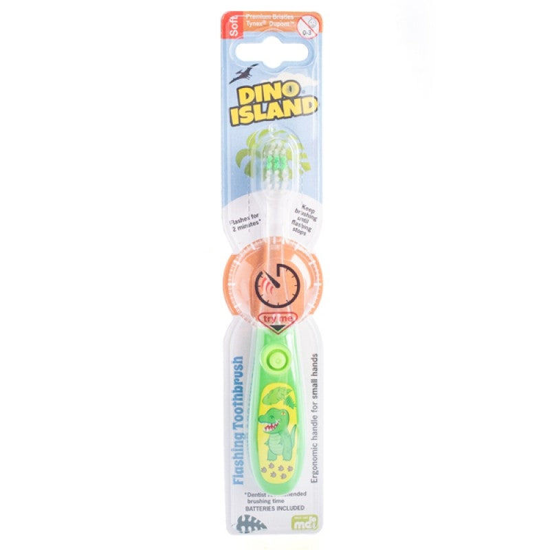 Colorful Flashing Dino Island Toothbrush with dinosaur design and flashing lights, perfect for kids.