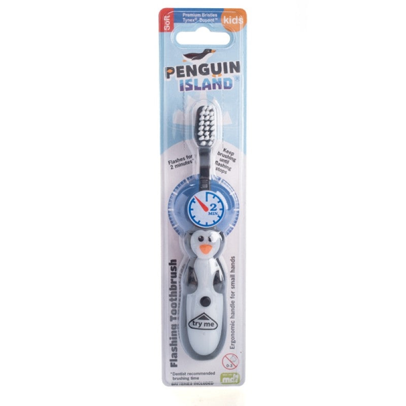 A cute penguin-shaped toothbrush with a flashing light, designed for kids to make brushing fun.