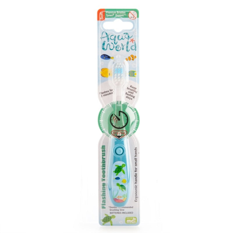 A colorful toothbrush designed for kids featuring cute sea animal designs and a flashing light, perfect for making brushing fun.