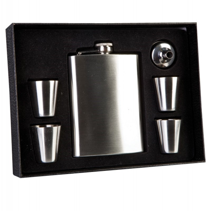 A stylish stainless steel flask set with four matching shot glasses, perfect for on-the-go drinking.