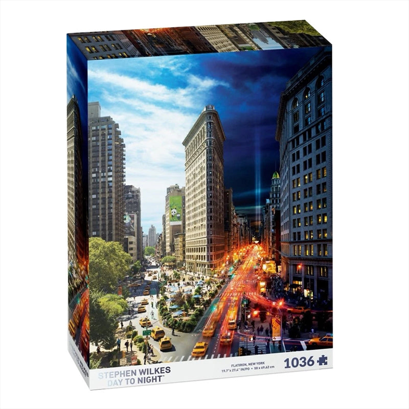 A detailed jigsaw puzzle featuring the iconic Flatiron building in New York, showcasing a day to night transition.