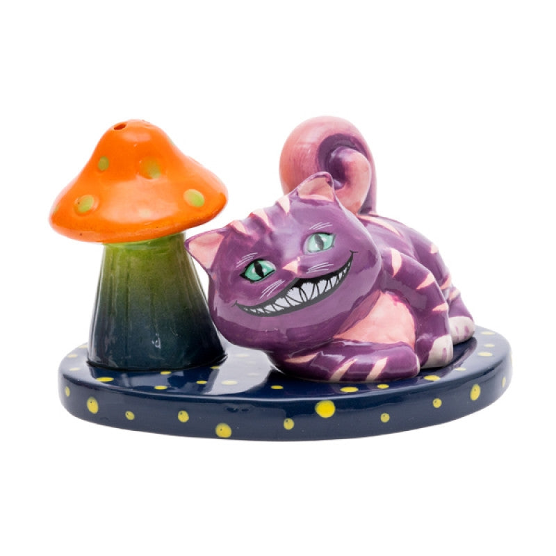 Flavour Mates Mad Cat Salt & Pepper Set featuring a whimsical mad cat and mushroom design on a black tray with green spots.