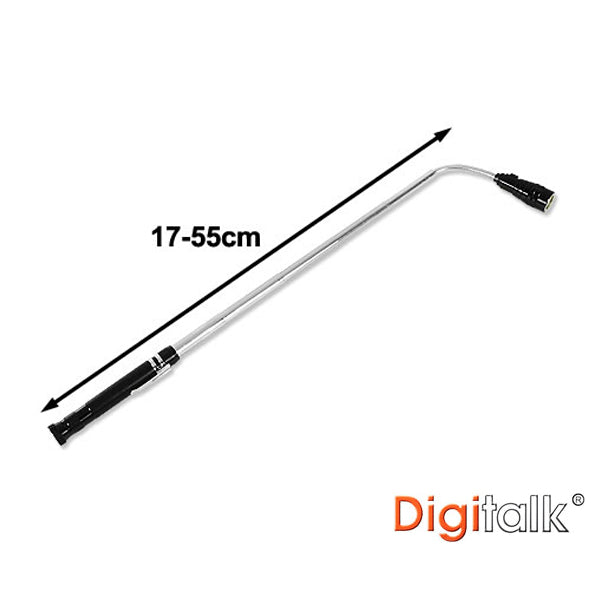 Flexitorch tool with flexible neck, strong pickup power, and bright LED lights, showcasing its durable design and magnetic base.