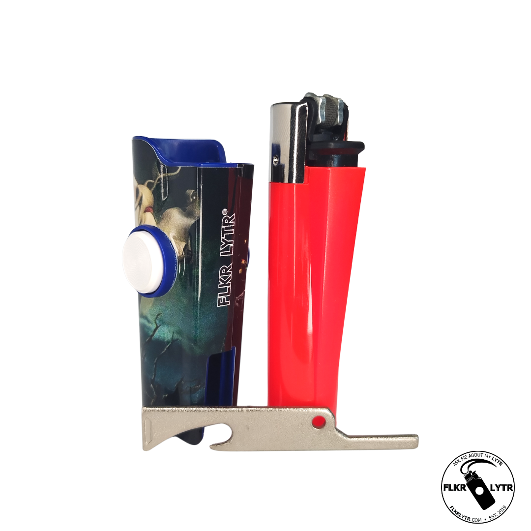 FLKR LYTR® Christmas Edition Jay Skelly Clipper Lighter® Case featuring a sleek design with a metal poker and bottle opener.