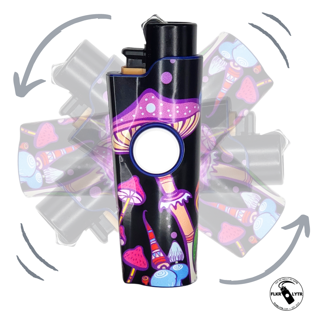 FLKR LYTR® Fidget Spinner Lighter Case in Mushroom Garden design, featuring a stylish and functional design with a fidget spinner element.